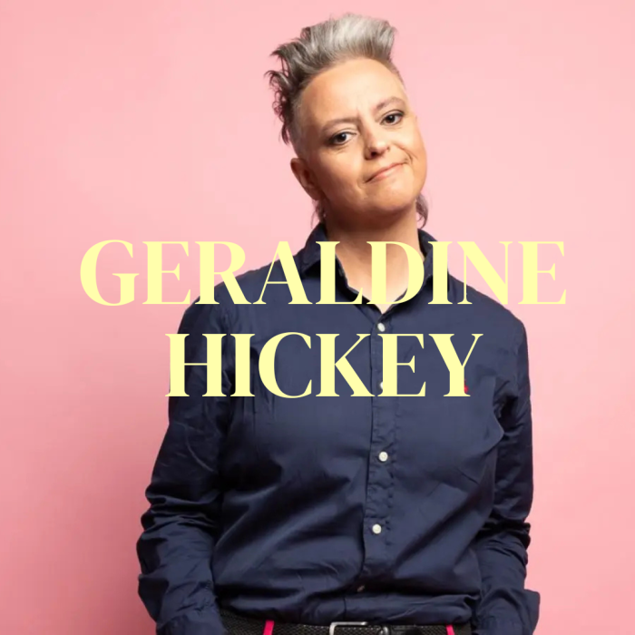 Image of Geraldine Hickey in front of a pink background wearing a navy buttoned shirt. Display text says "Geraldine Hickey"